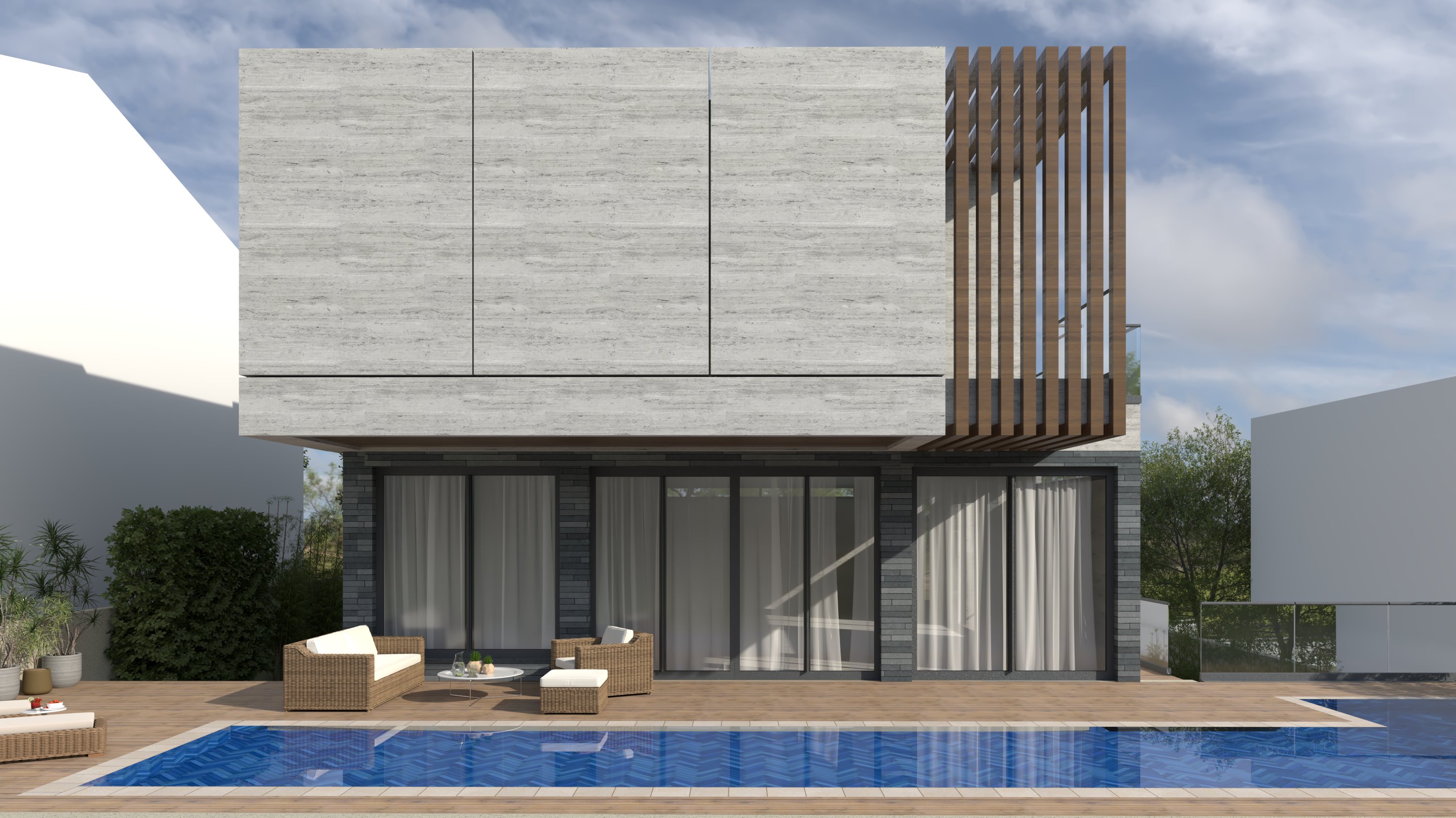 Villa contemporaine conçue comme un bloc monolithique sculpté, où le volume massif se creuse subtilement...